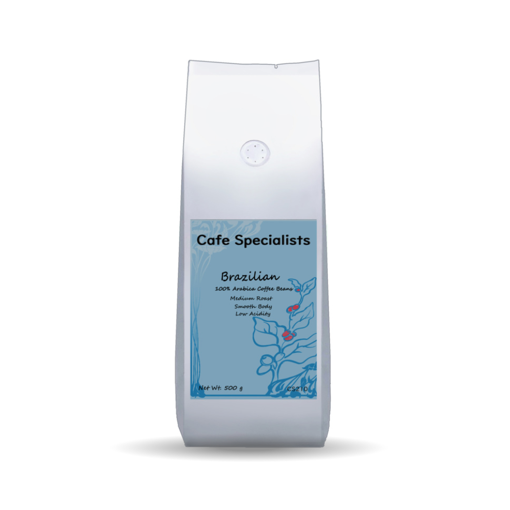 Coffee bag labeled 'Cafe Specialists' with a blue label on a white background