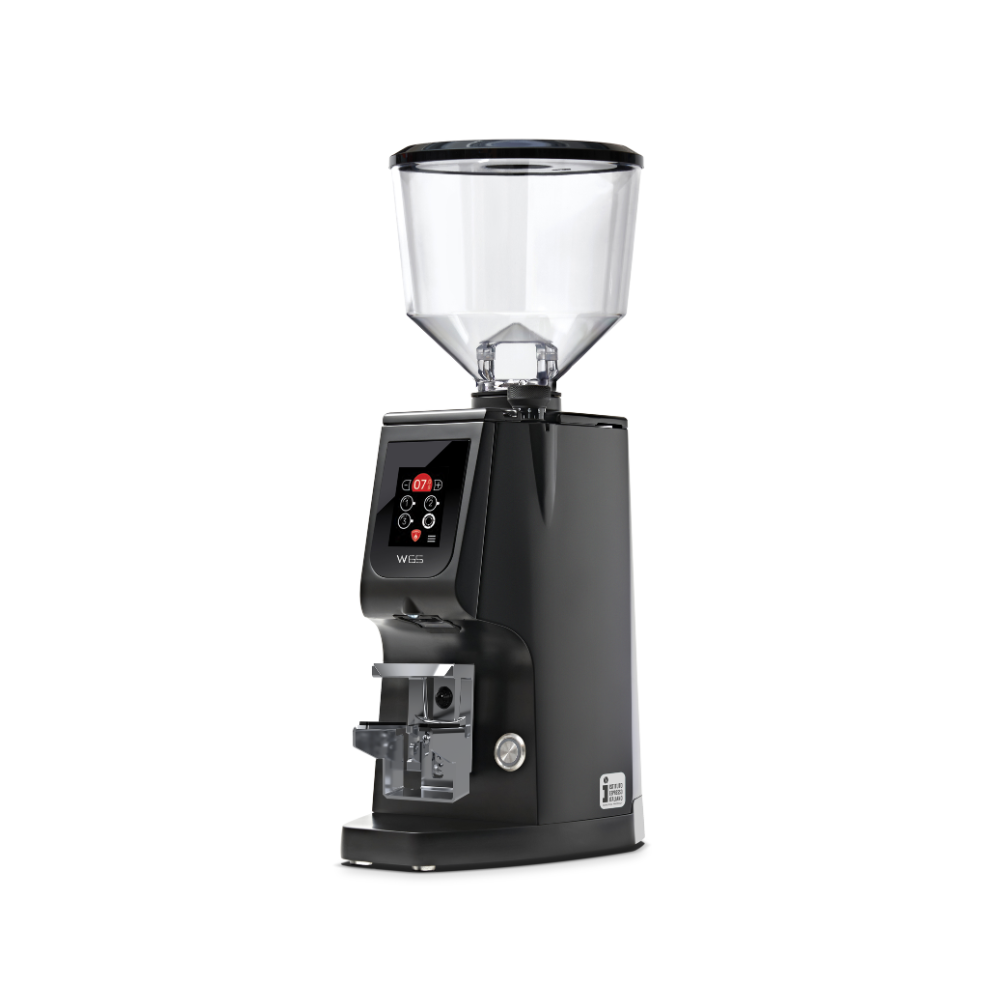 Black coffee grinder with clear container on a white background