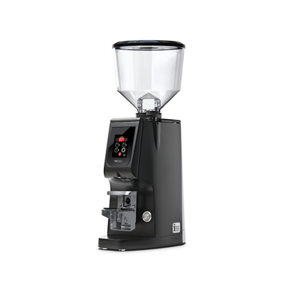 Black coffee grinder with clear container on a white background