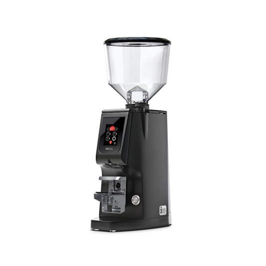 Black coffee grinder with clear container on a white background