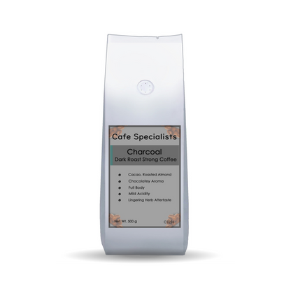 Coffee bag labeled 'Cafe Specialists Charcoal Dark Roast Strong Coffee' on a white background