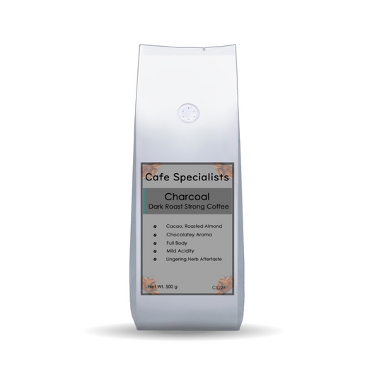 Coffee bag labeled 'Cafe Specialists Charcoal Dark Roast Strong Coffee' on a white background