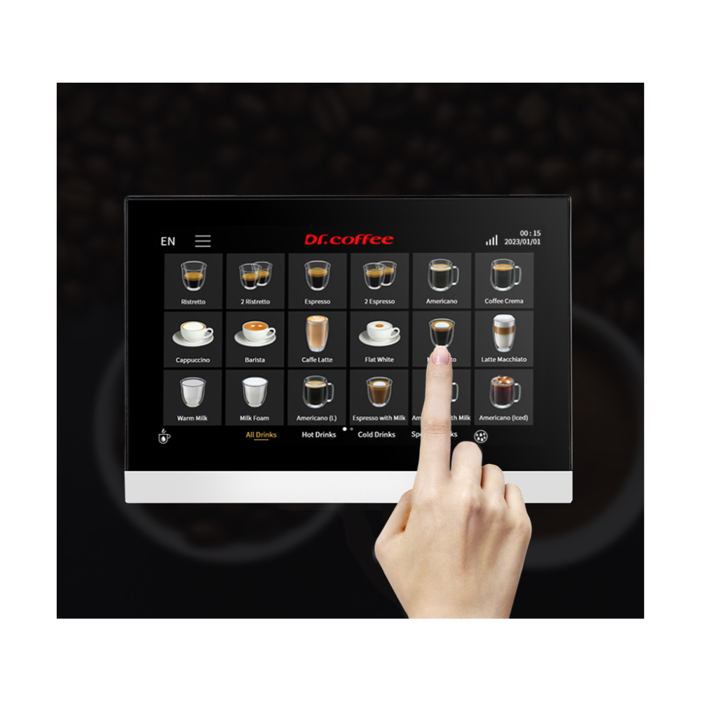 Touchscreen interface for a coffee machine with various drink options displayed.