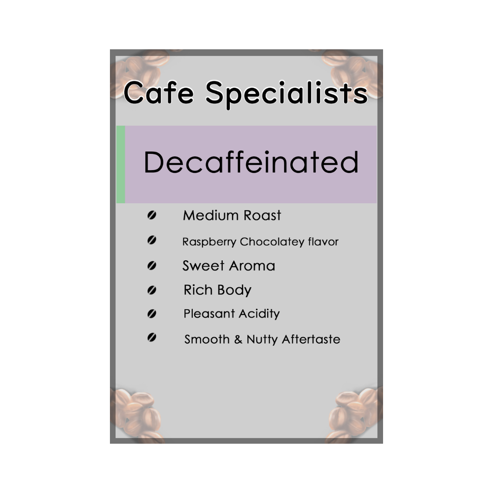 Product label for Cafe Specialists Decaffeinated coffee with features listed.