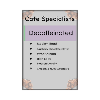 Product label for Cafe Specialists Decaffeinated coffee with features listed.