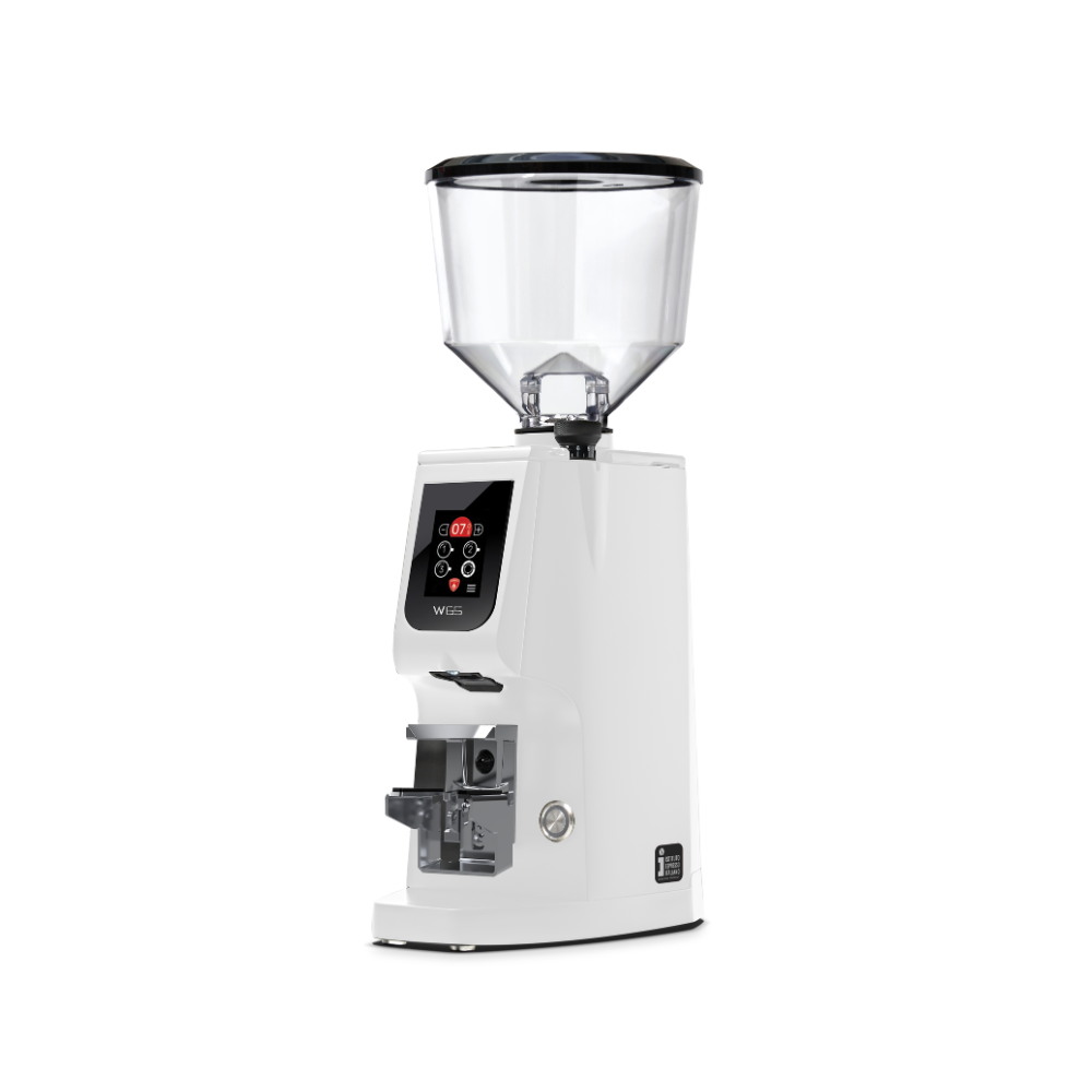 White coffee grinder with clear container on a white background