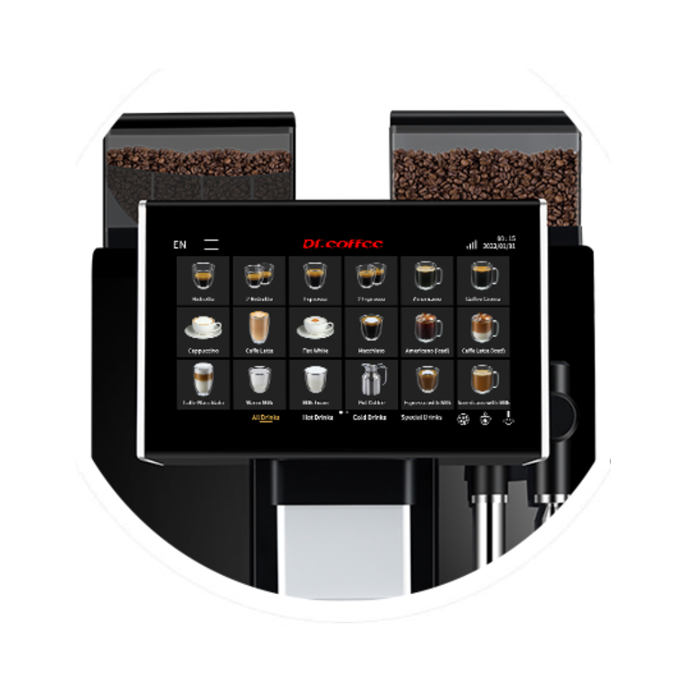 Coffee machine with a digital display showing coffee menu options
