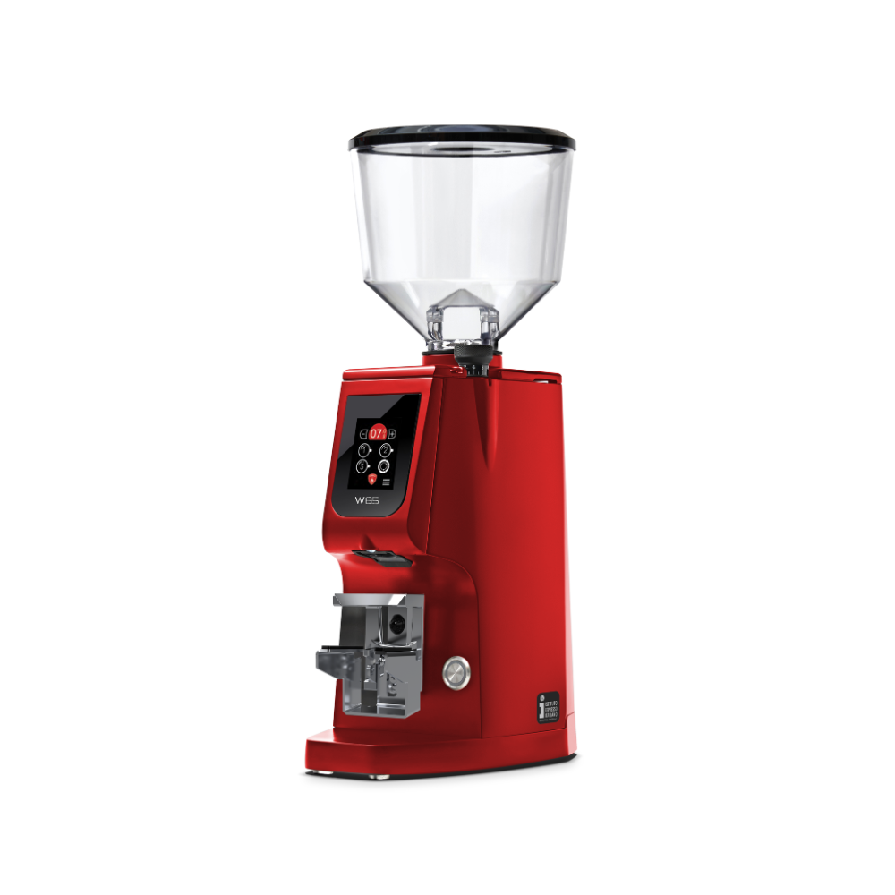 Red coffee grinder with clear container on a white background