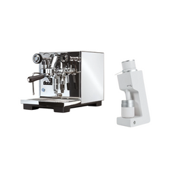 Espresso machine and milk frother on a white background