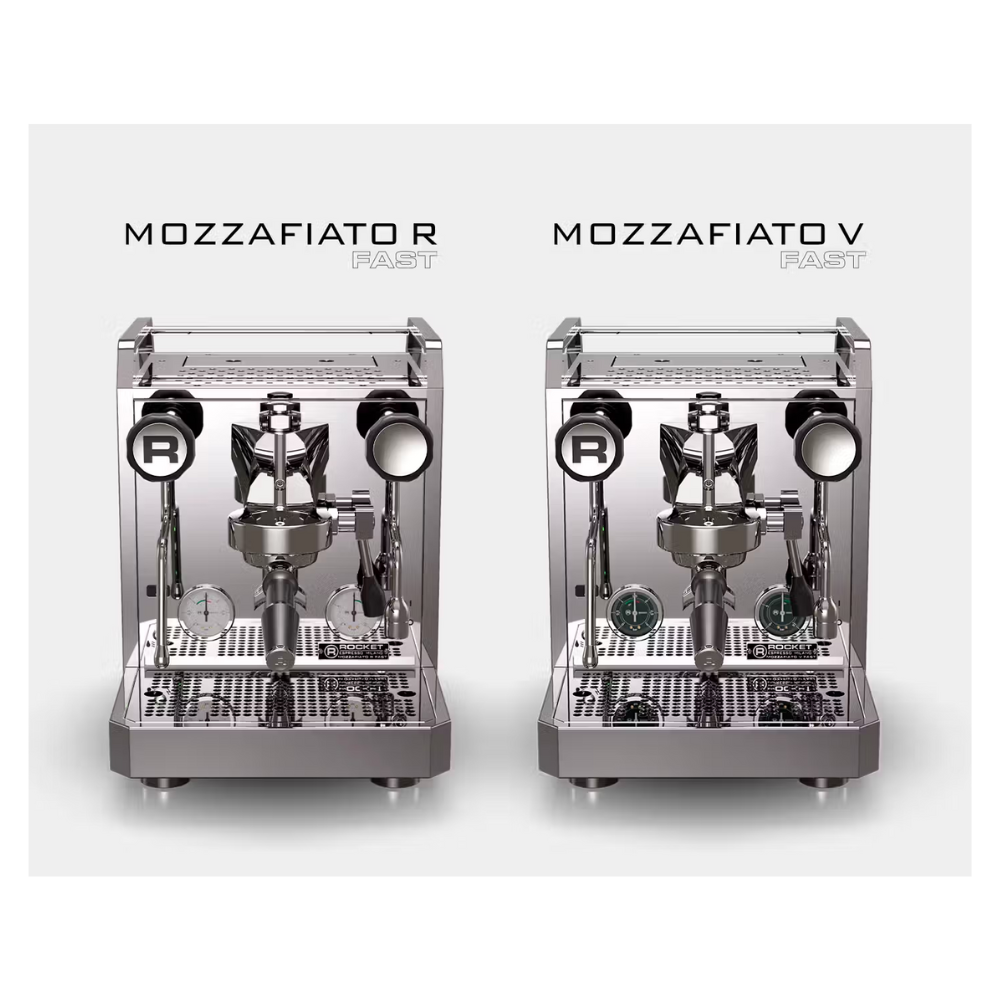 Two Mozzafiato espresso machines labeled 'Mozzafiato R' and 'Mozzafiato V' 