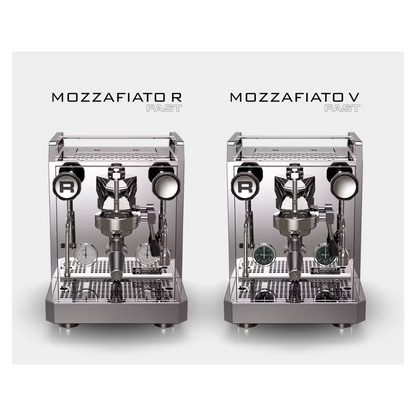 Two Mozzafiato espresso machines labeled 'Mozzafiato R' and 'Mozzafiato V' 