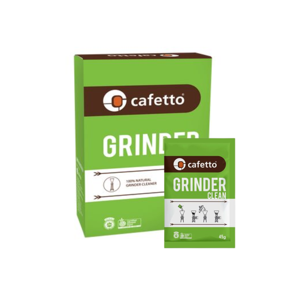 Two green boxes of Cafetto Grinder Clean on a white background