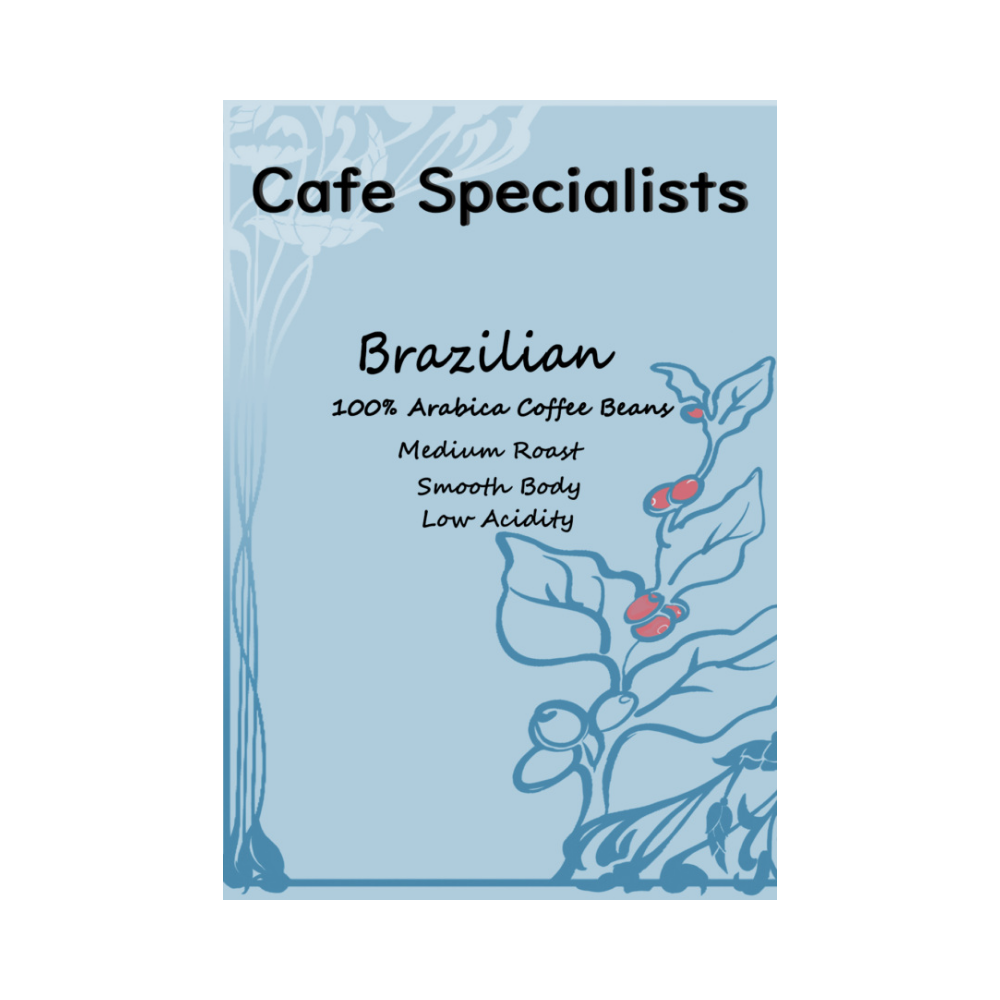 Cafe Specialists coffee packaging with coffee bean graphics on a light blue background