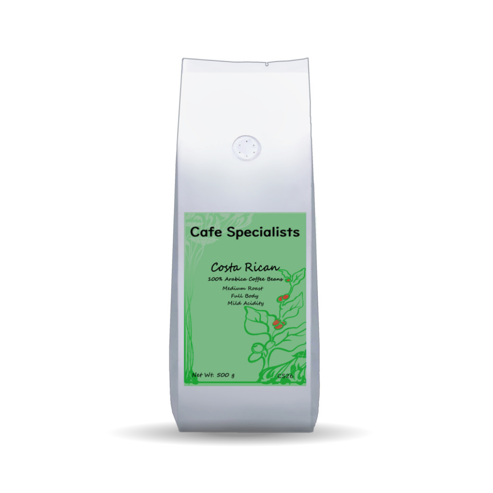 Coffee bag labeled 'Cafe Specialists Costa Rican' on a white background