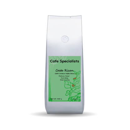Coffee bag labeled 'Cafe Specialists Costa Rican' on a white background
