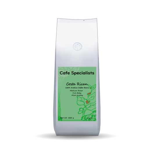 Coffee bag labeled 'Cafe Specialists Costa Rican' on a white background
