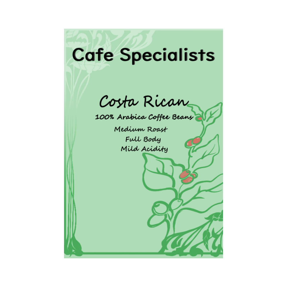 Green label for Costa Rican coffee beans with text and coffee bean illustrations.