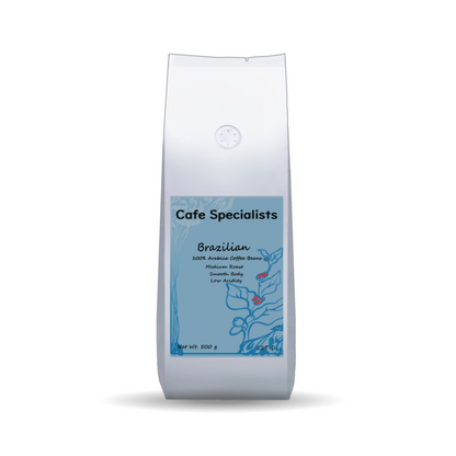 Coffee bag labeled 'Cafe Specialists' with a blue label on a white background
